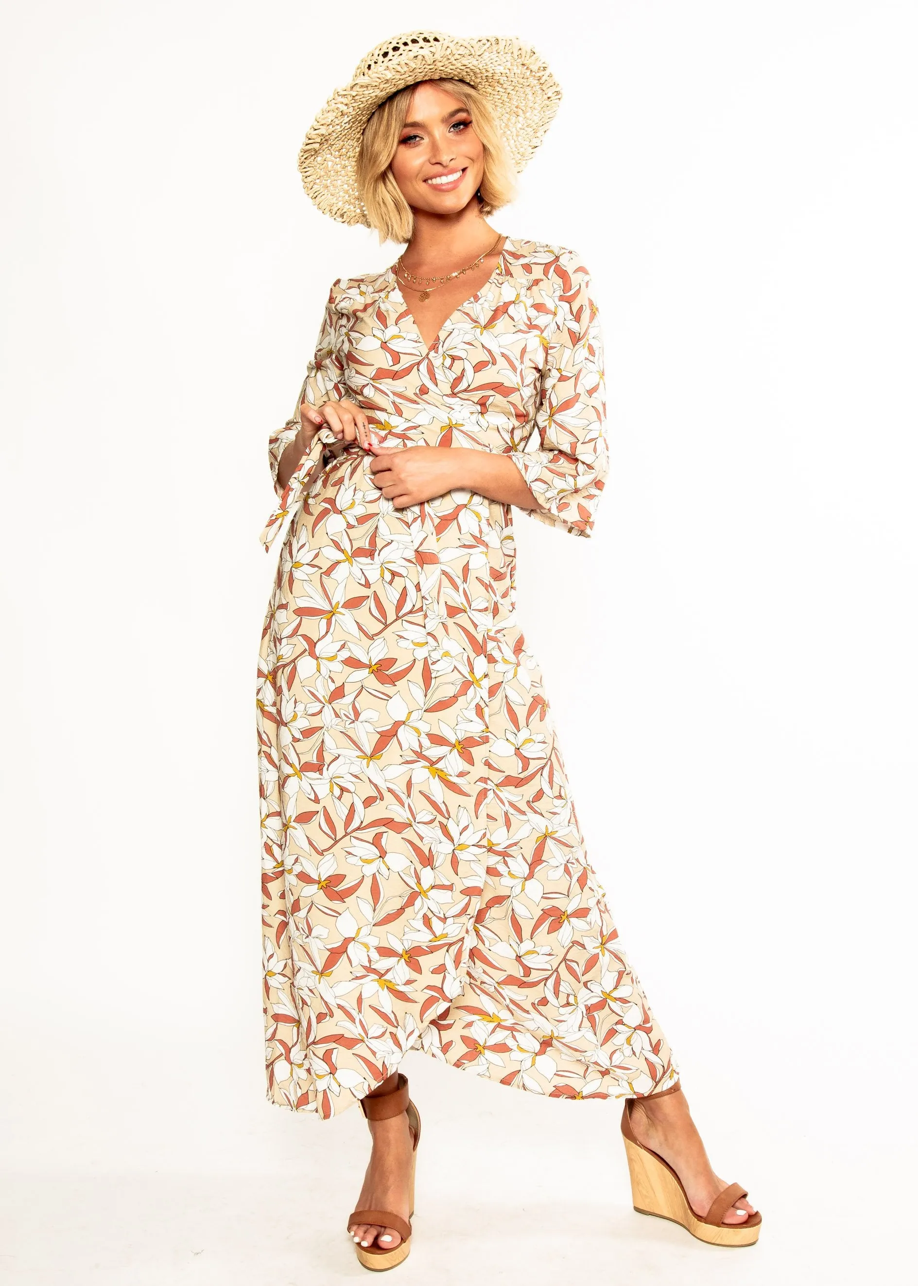 Anabella Maxi Wrap Dress - Tan Floral