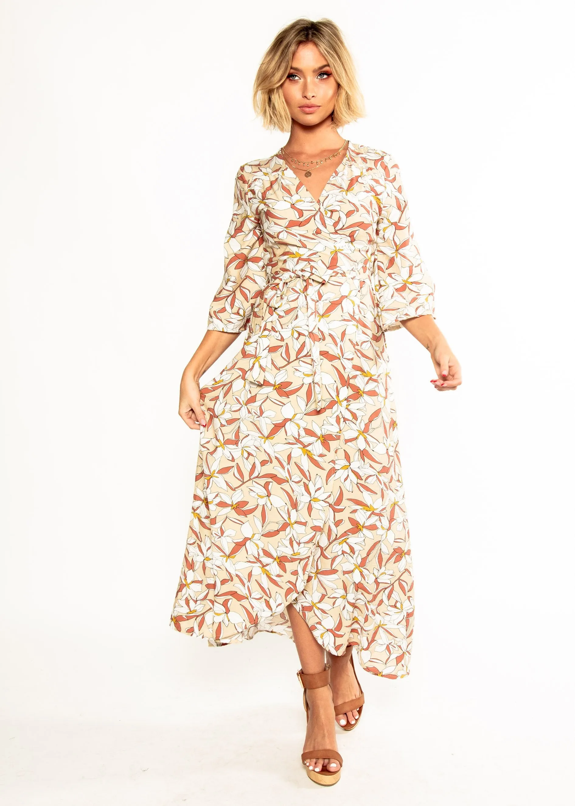 Anabella Maxi Wrap Dress - Tan Floral