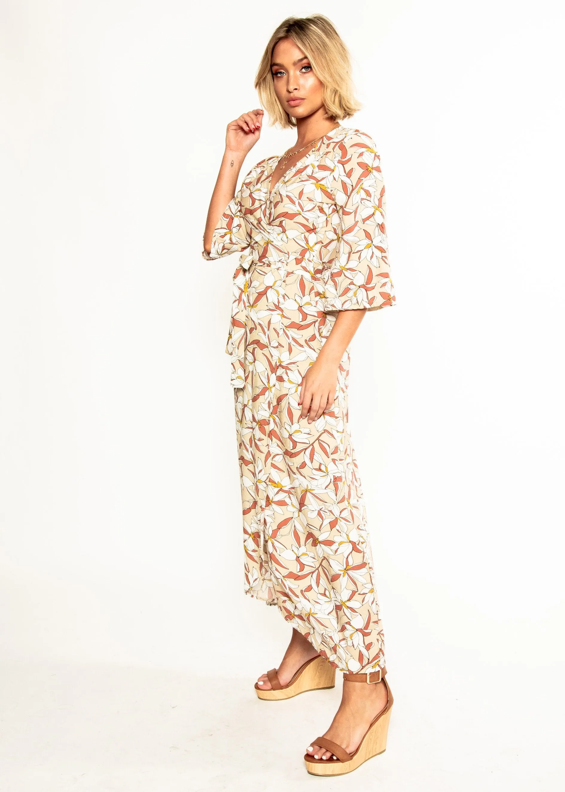 Anabella Maxi Wrap Dress - Tan Floral