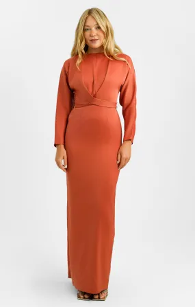 ASOS DESIGN Satin Maxi Dress with Batwing Sleeve and Wrap Waist in Rust