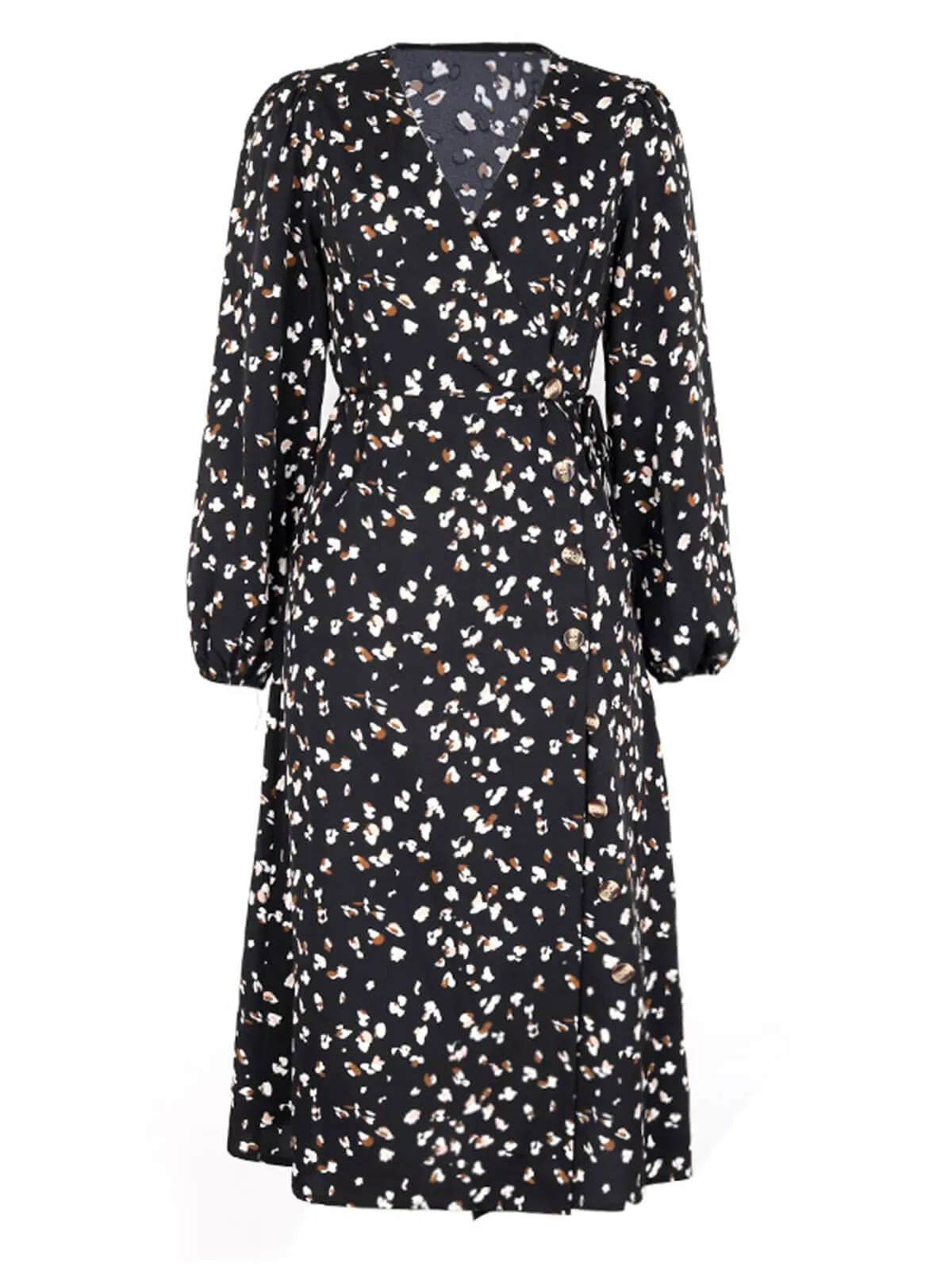 Black 1940s Leopard V-Neck Wrap Dress