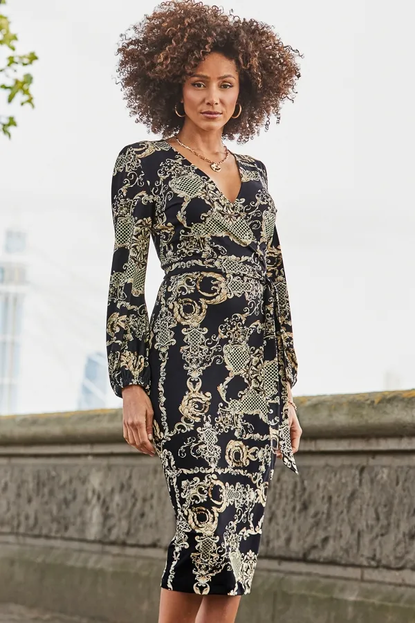 Black & Gold Baroque Print Wrap Front Midi Dress