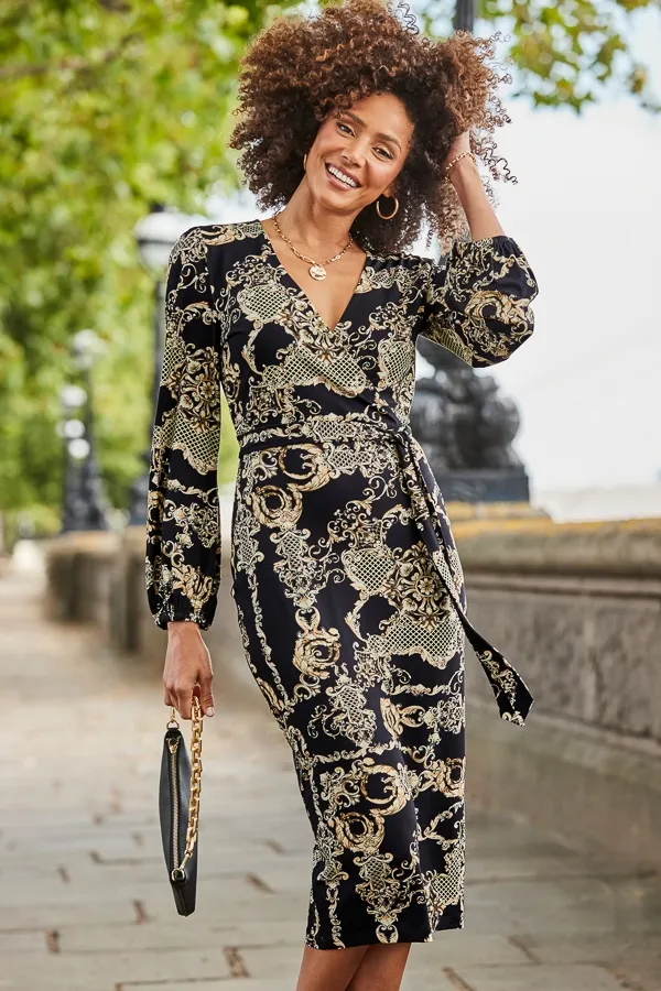 Black & Gold Baroque Print Wrap Front Midi Dress