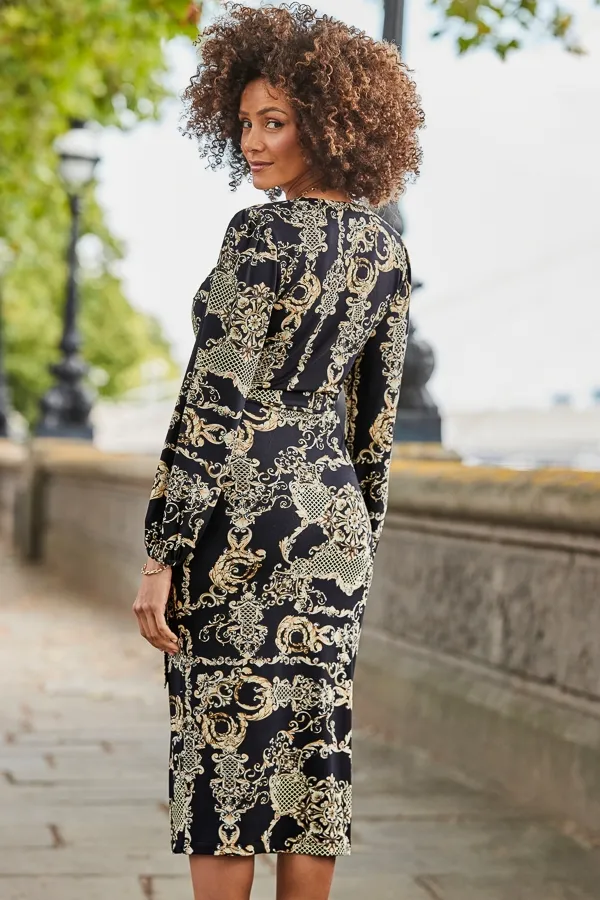 Black & Gold Baroque Print Wrap Front Midi Dress