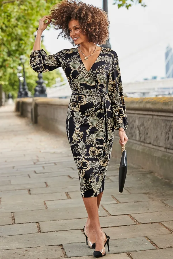 Black & Gold Baroque Print Wrap Front Midi Dress