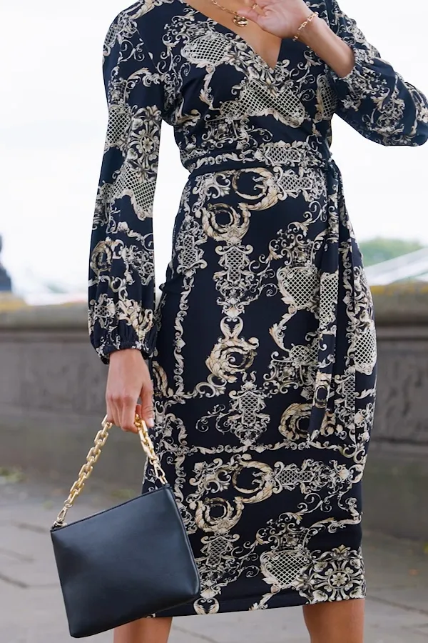 Black & Gold Baroque Print Wrap Front Midi Dress