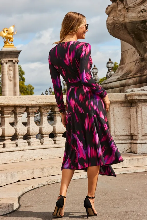 Black & Pink Abstract Print Midi Wrap Jersey Dress