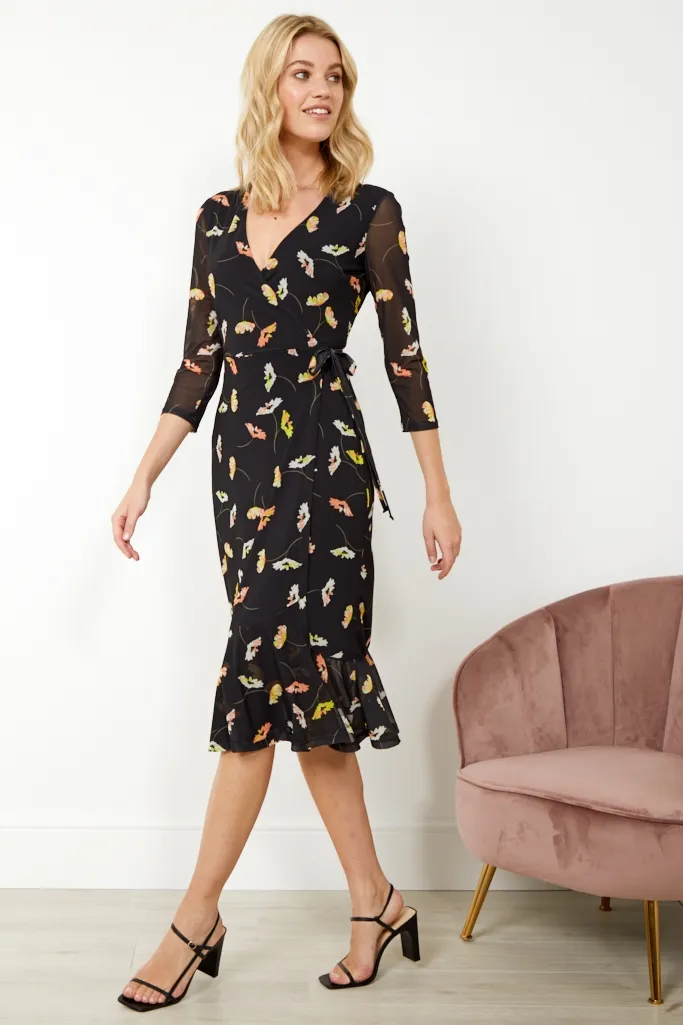 Black Floral Print Mesh Wrap Midi Jersey Dress