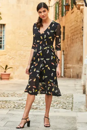 Black Floral Print Mesh Wrap Midi Jersey Dress