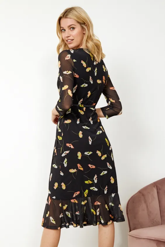 Black Floral Print Mesh Wrap Midi Jersey Dress