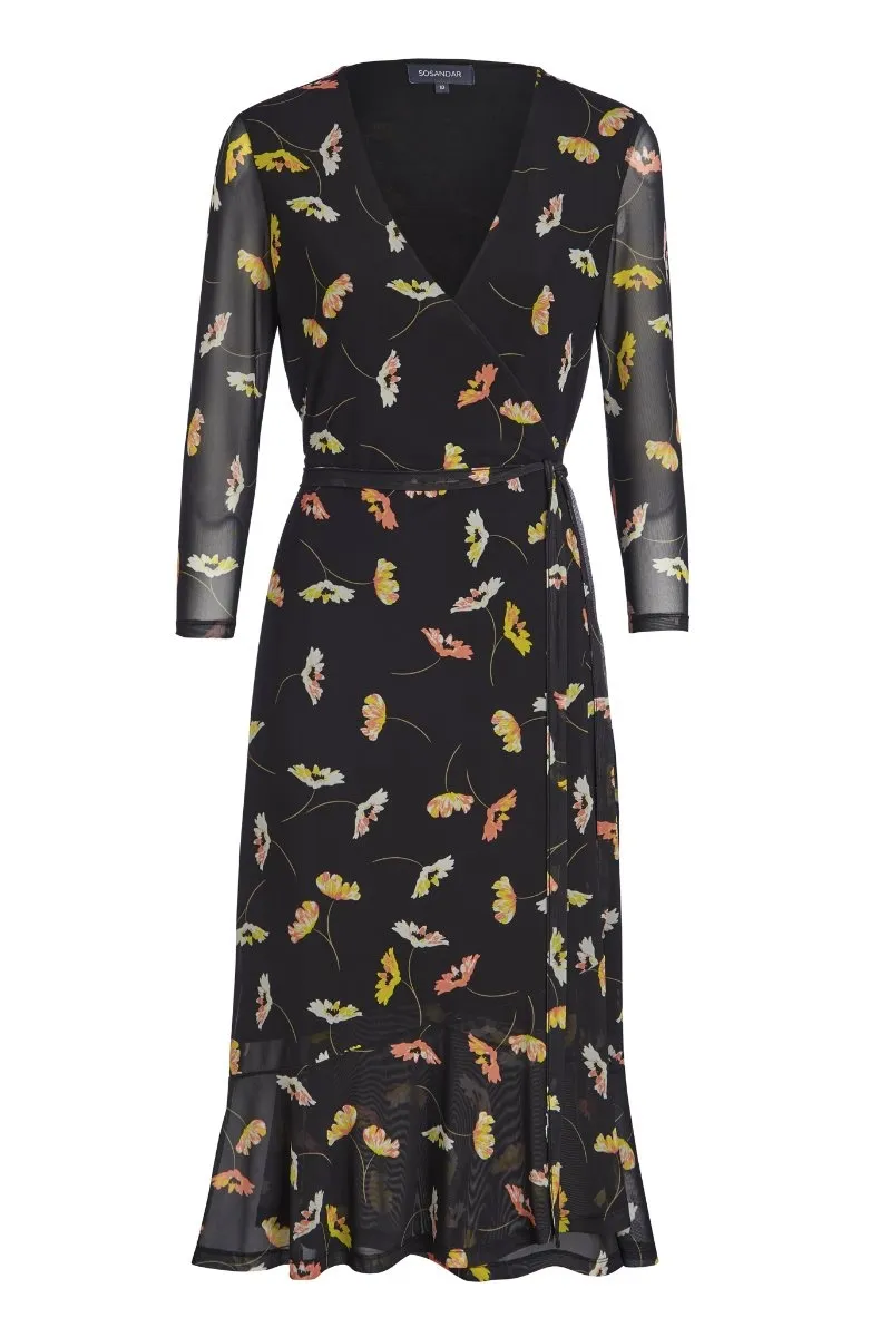 Black Floral Print Mesh Wrap Midi Jersey Dress