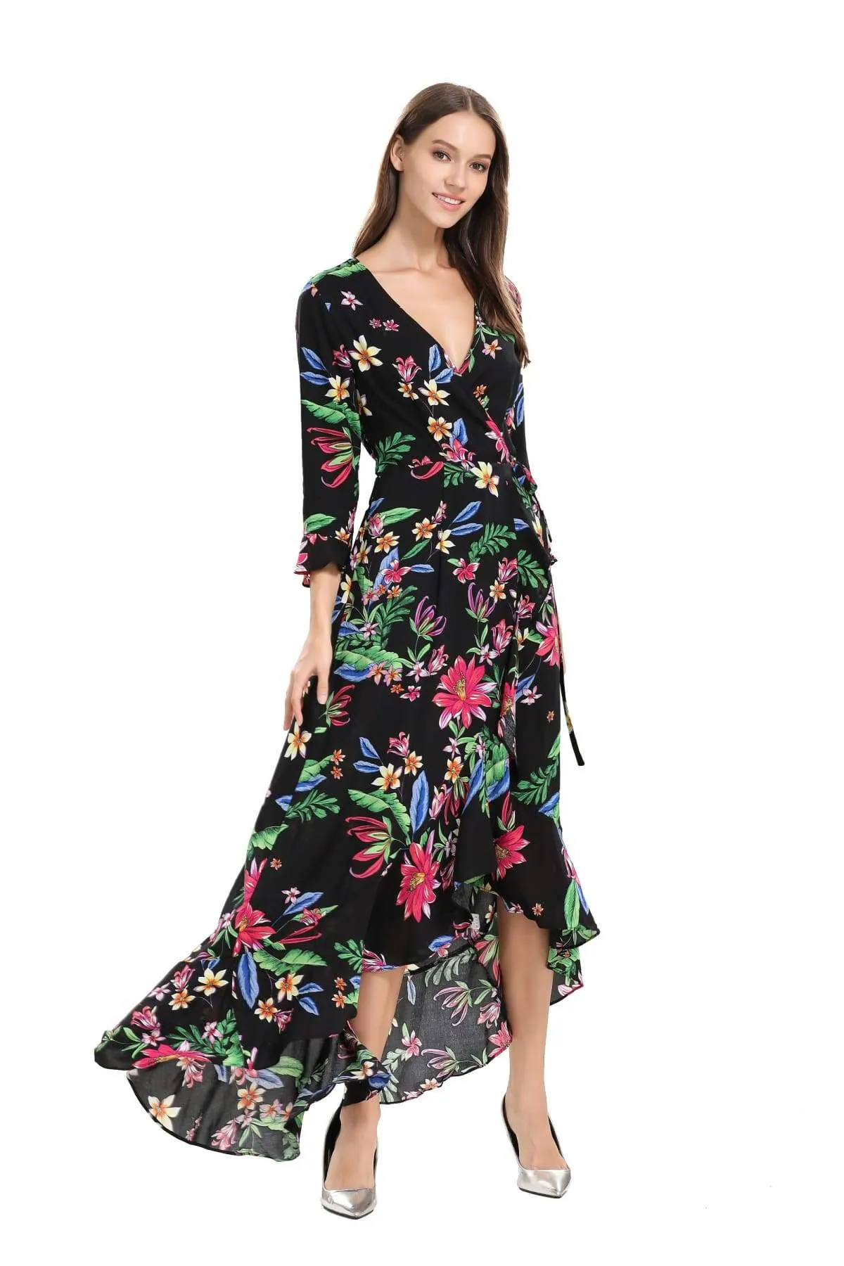 Black Floral Rainforest Print Maxi Wrap Dress