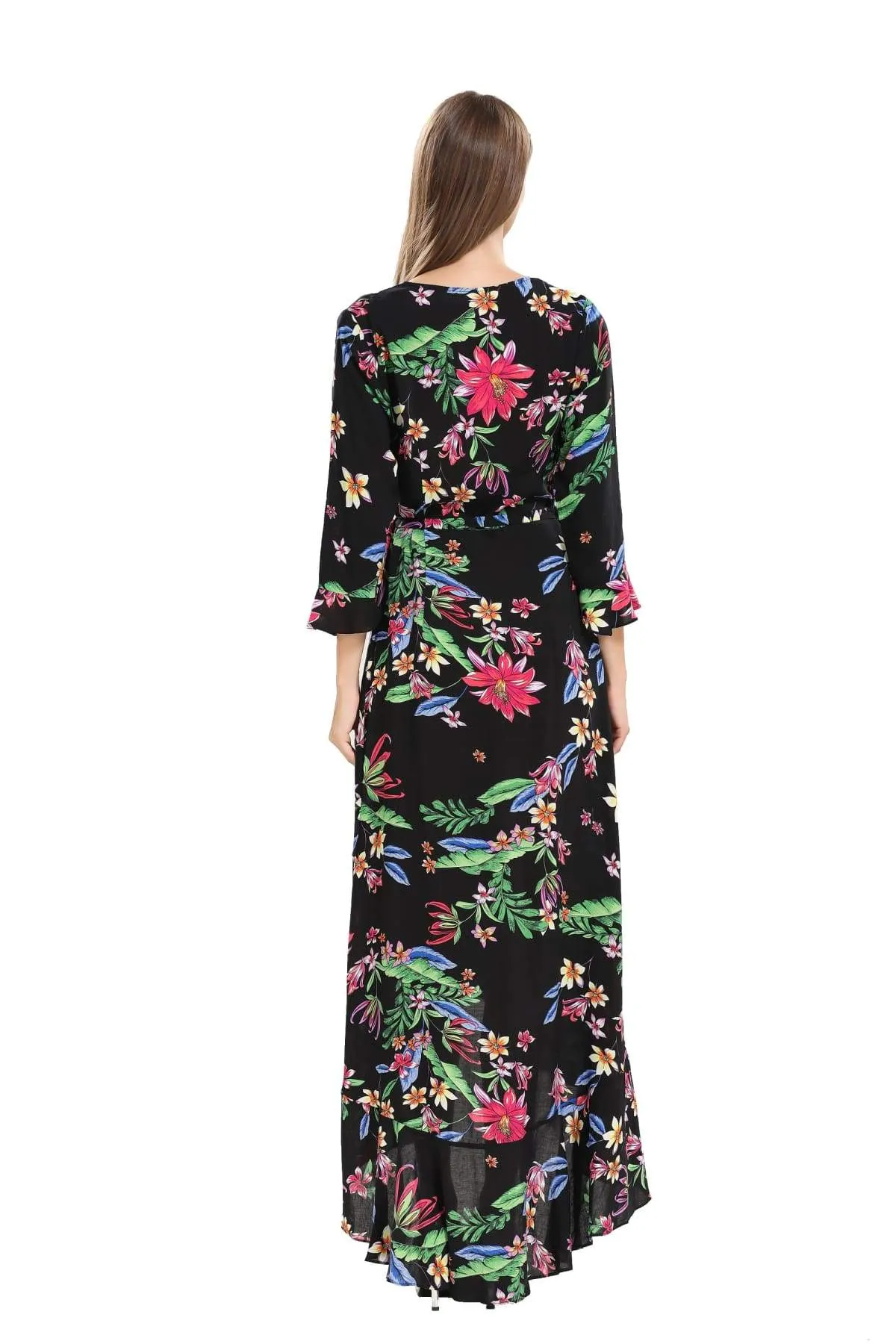 Black Floral Rainforest Print Maxi Wrap Dress