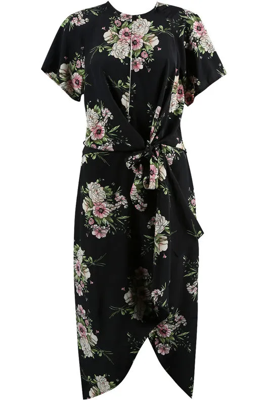 Black Flowery Print Wrap Up Dress