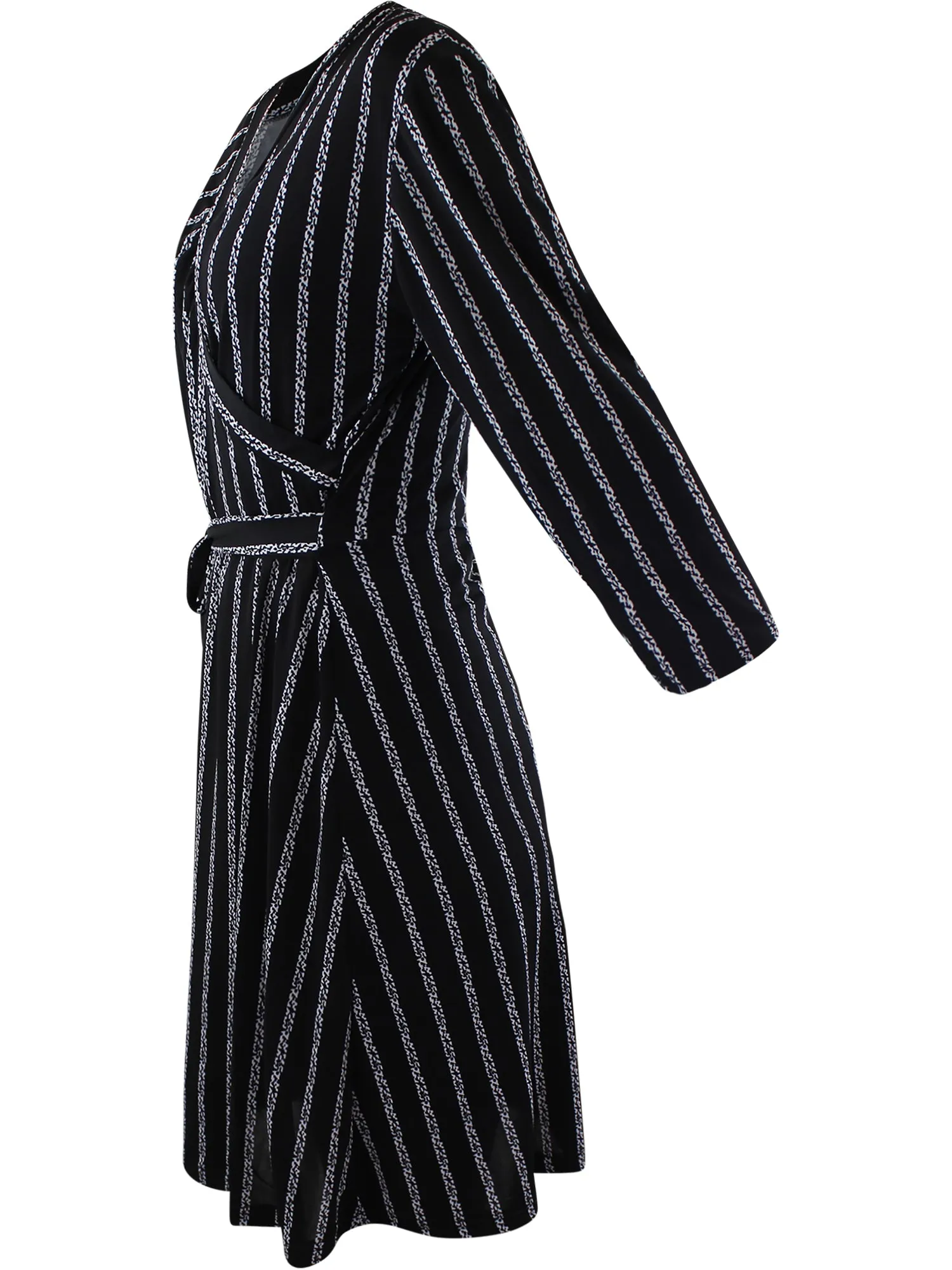 Black Long Sleeve Vertical Stripe Wrap Dress