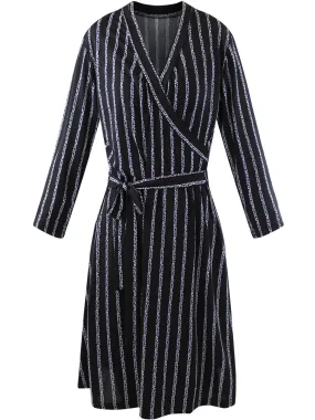 Black Long Sleeve Vertical Stripe Wrap Dress