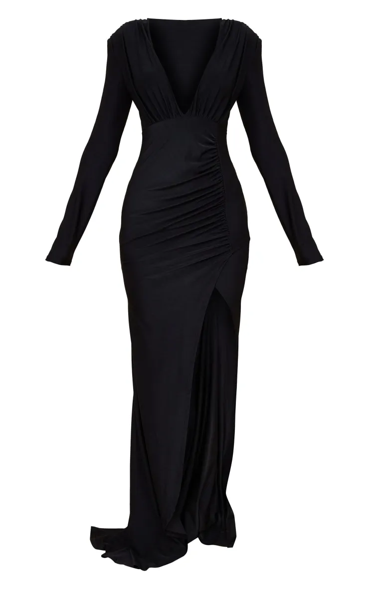 Black Slinky Shoulder Pad Wrap Maxi Dress