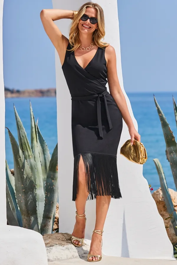 Black Tassel Detail Wrap Jersey Dress