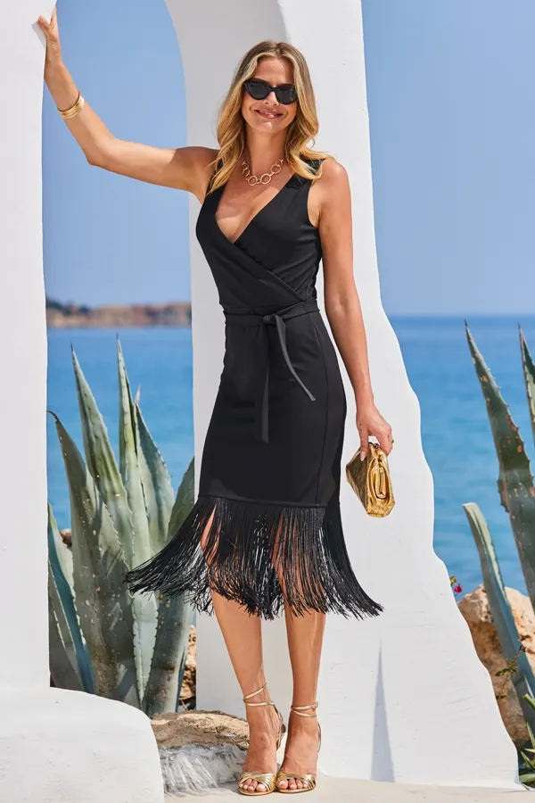 Black Tassel Detail Wrap Jersey Dress