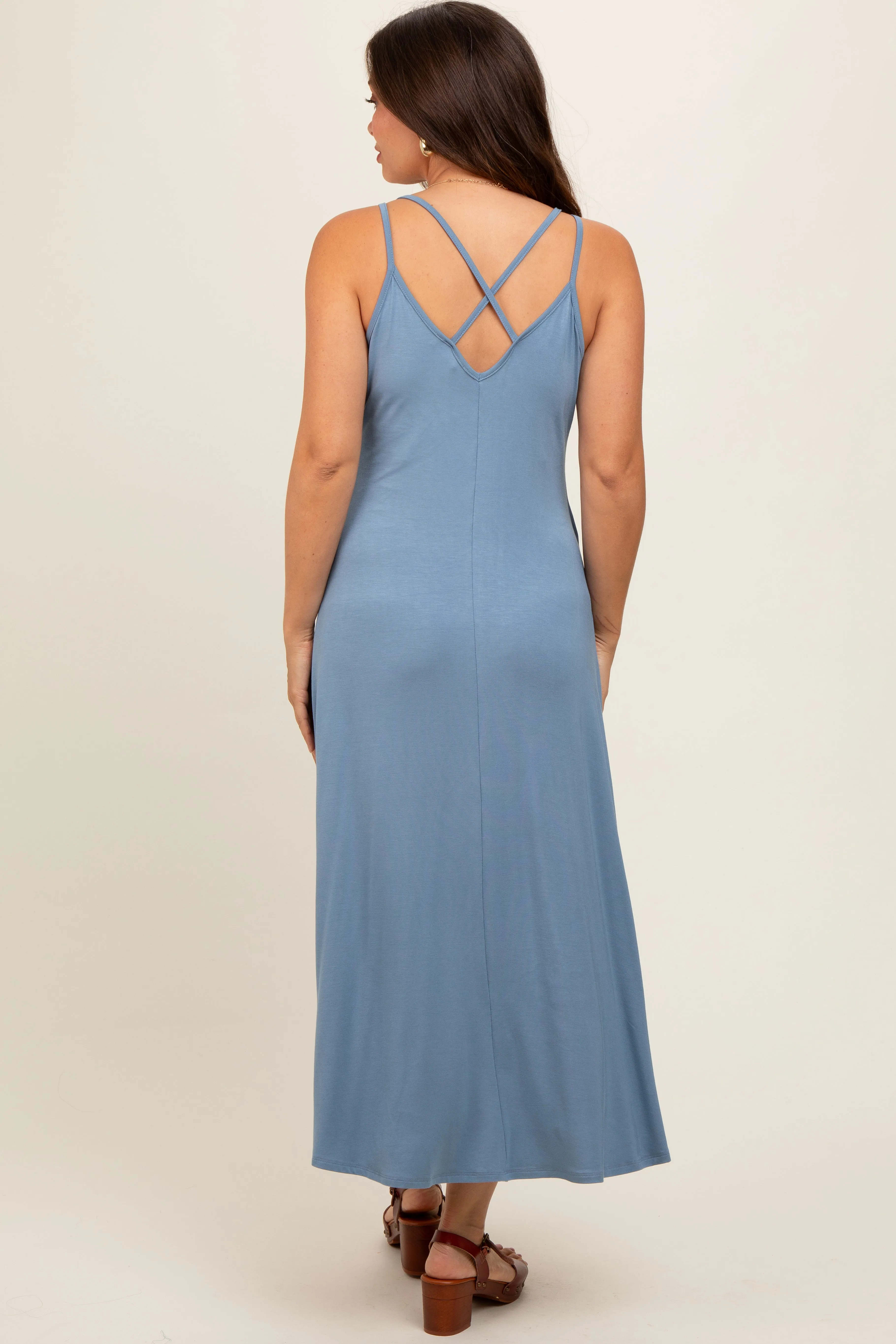 Blue Sleeveless Crisscross High-Low Wrap Maternity Midi Dress