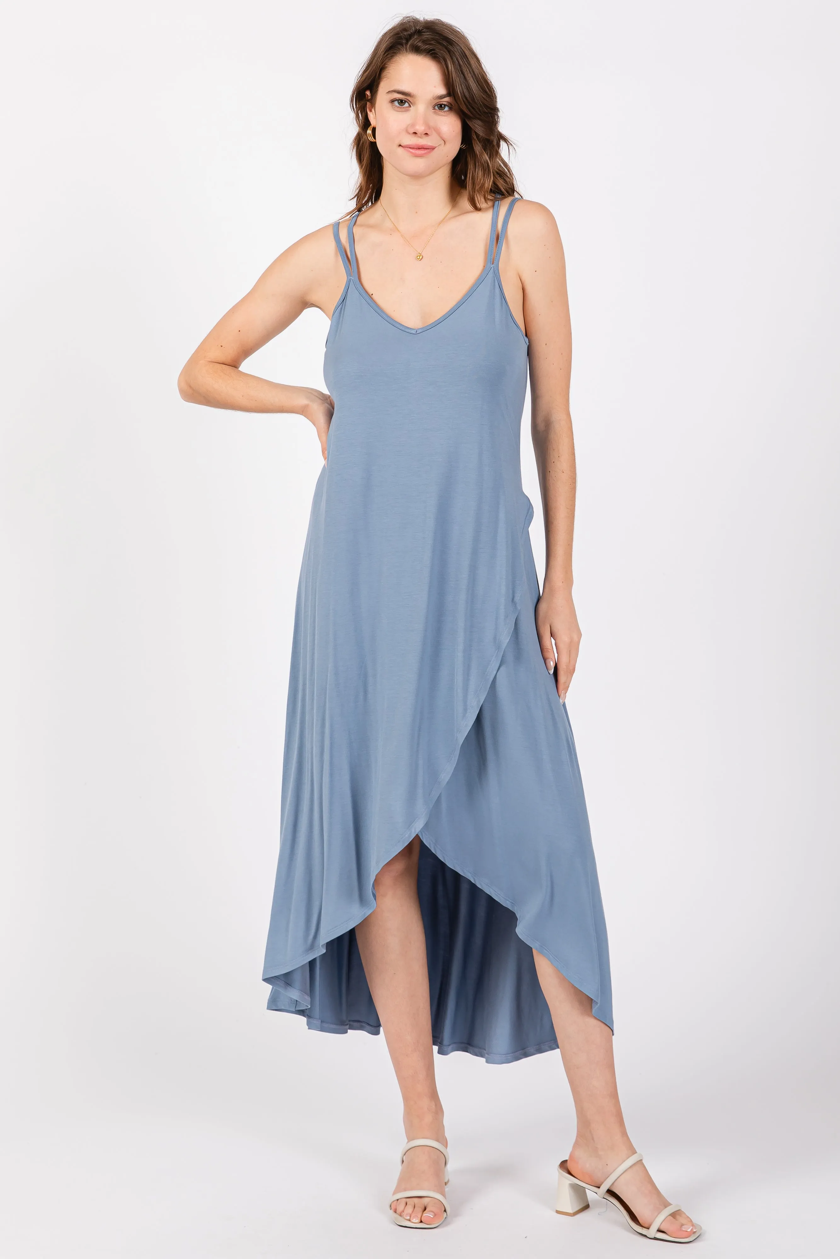 Blue Sleeveless Crisscross High-Low Wrap Maternity Midi Dress