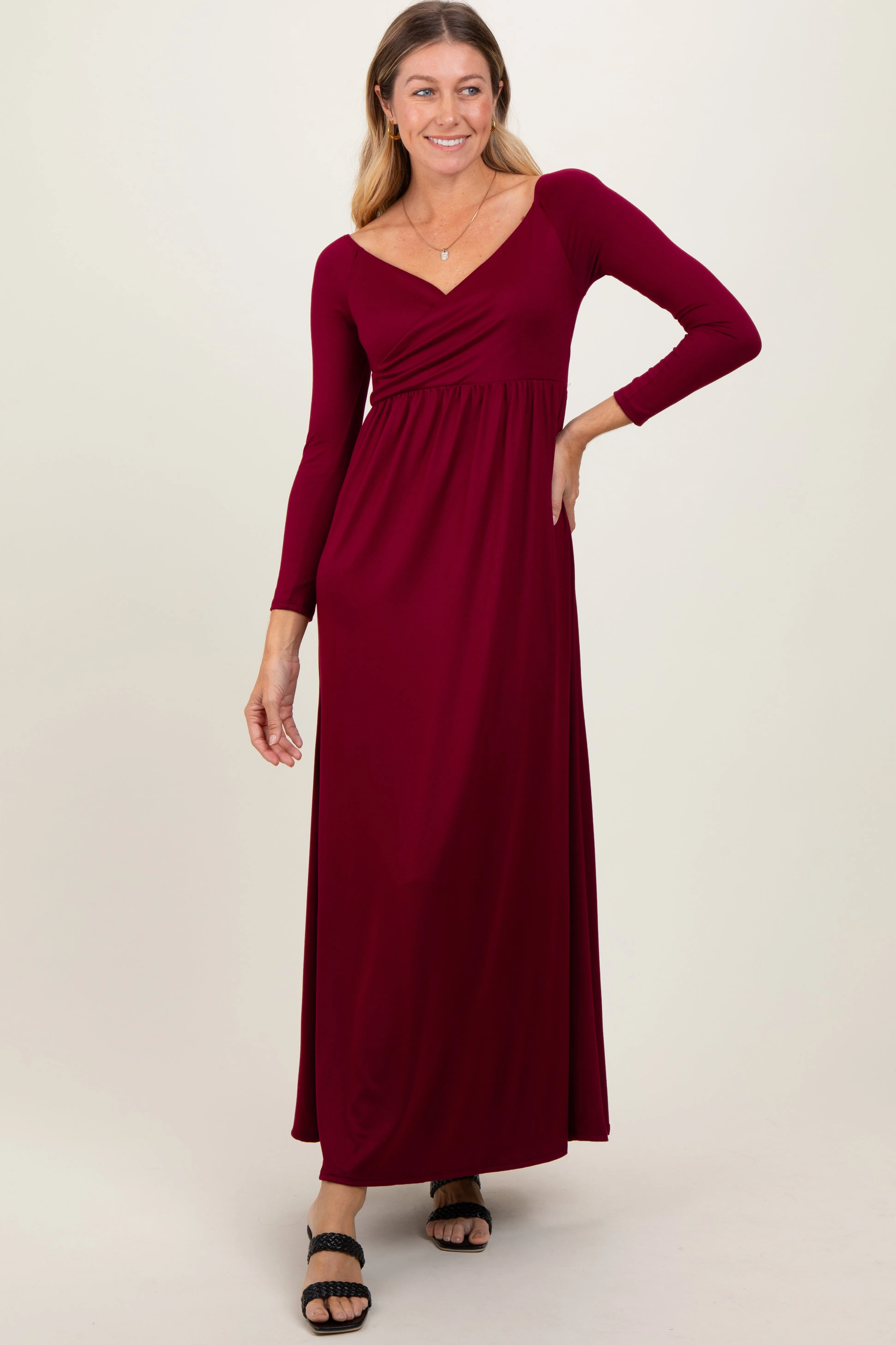 Burgundy Wrap Front Empire Waist Maxi Dress