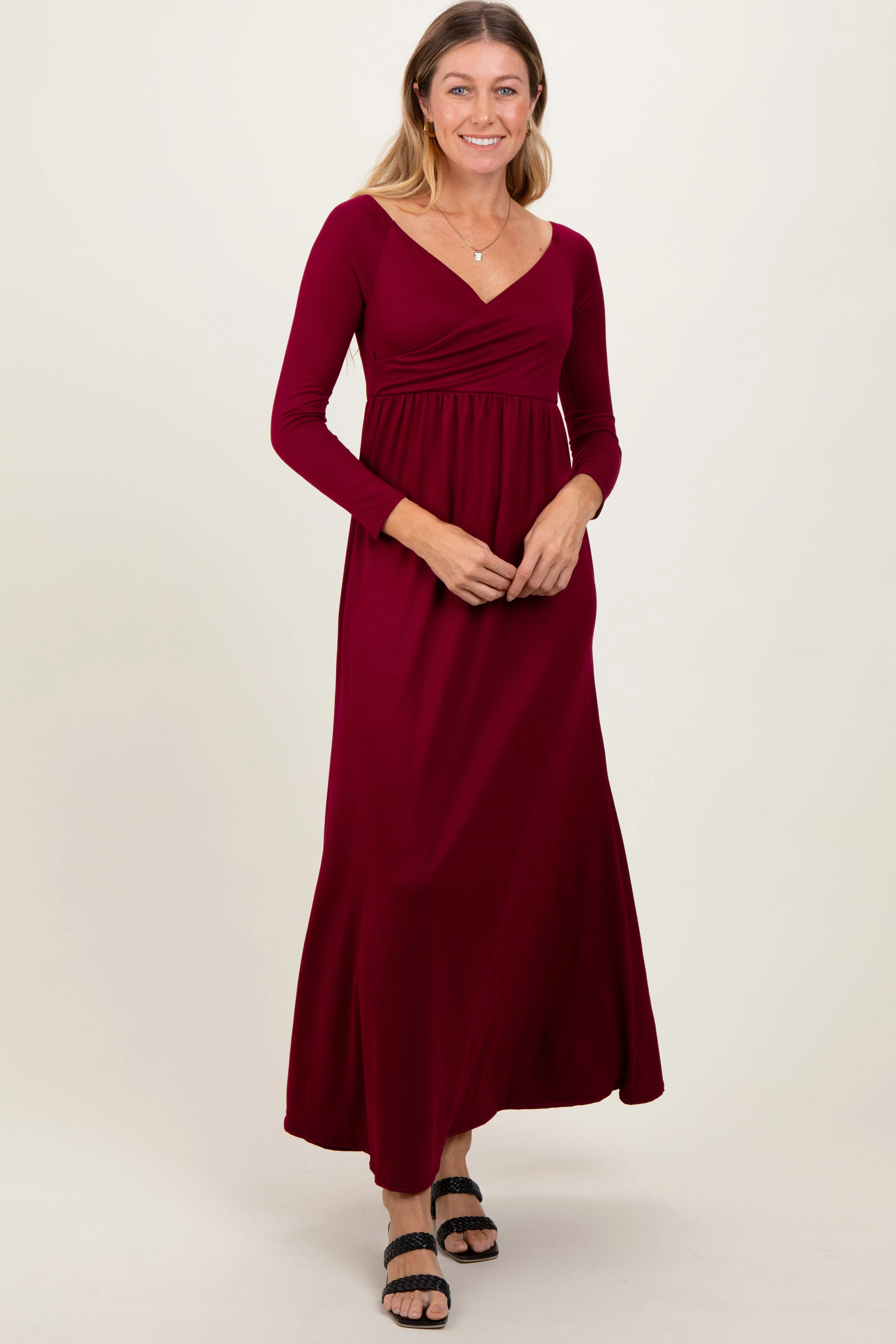 Burgundy Wrap Front Empire Waist Maxi Dress