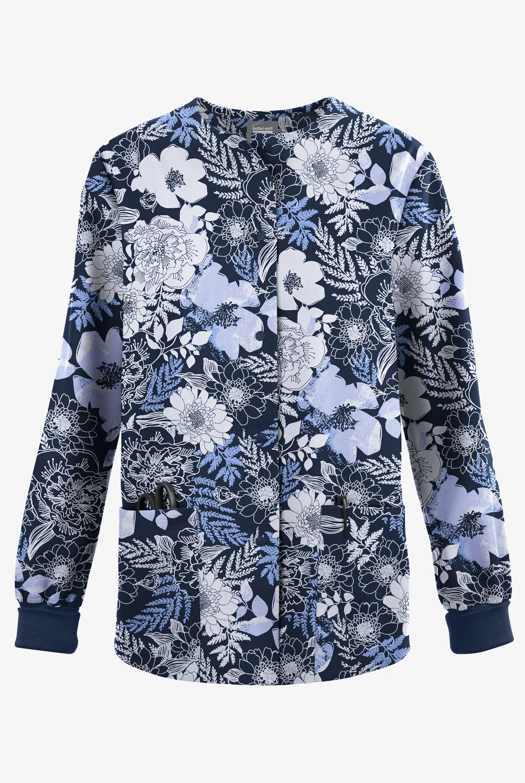 Butter-Soft Originals Arles Floral Navy Women's 3-Pocket Warm-Up Print Scrub Jacket