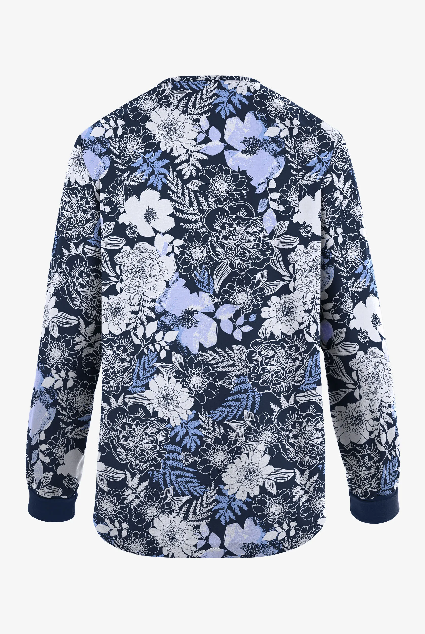 Butter-Soft Originals Arles Floral Navy Women's 3-Pocket Warm-Up Print Scrub Jacket