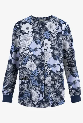 Butter-Soft Originals Arles Floral Navy Women's 3-Pocket Warm-Up Print Scrub Jacket