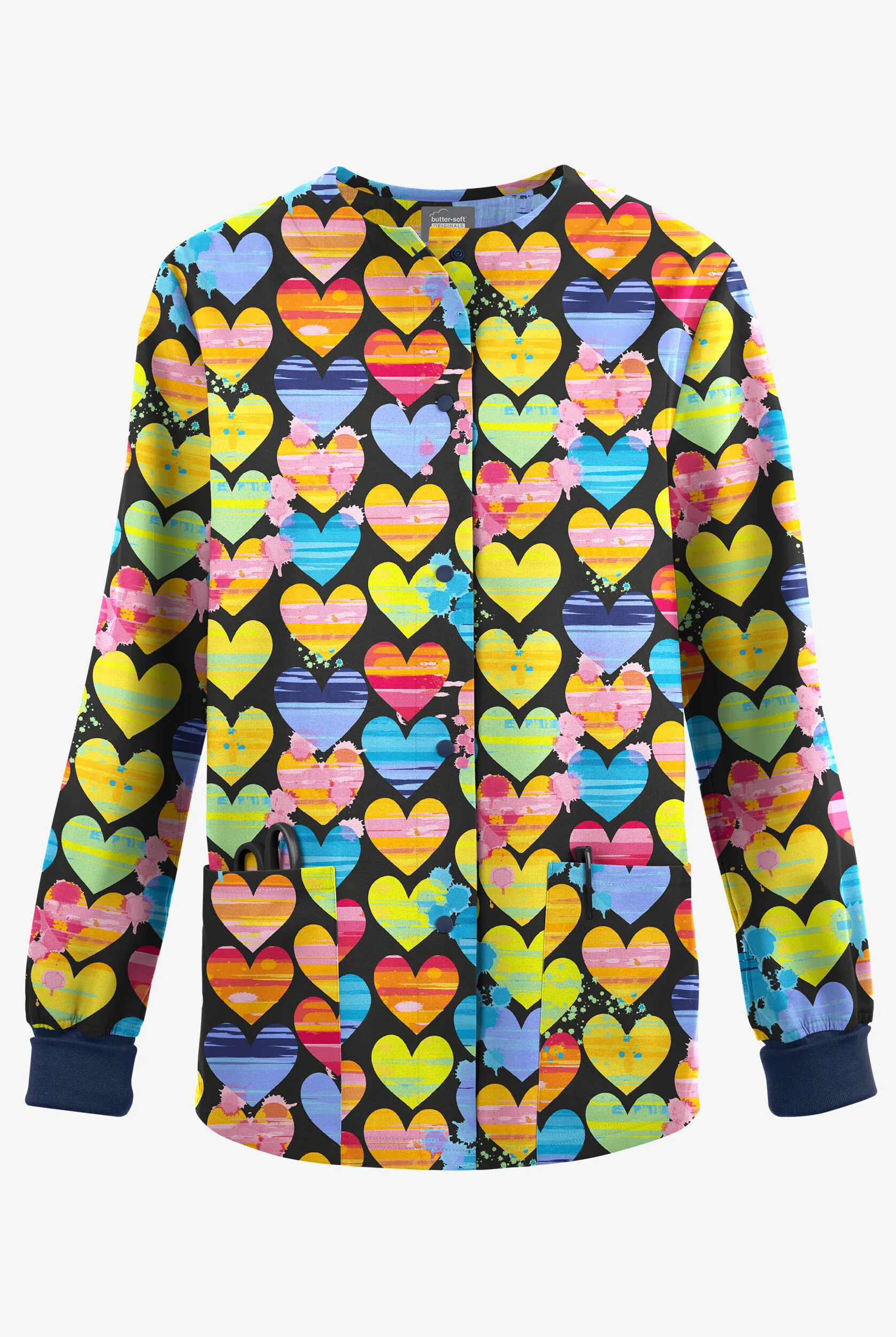 Butter-Soft Originals Painted Hearts Navy Women's 3-Pocket Warm-Up Print Scrub Jacket