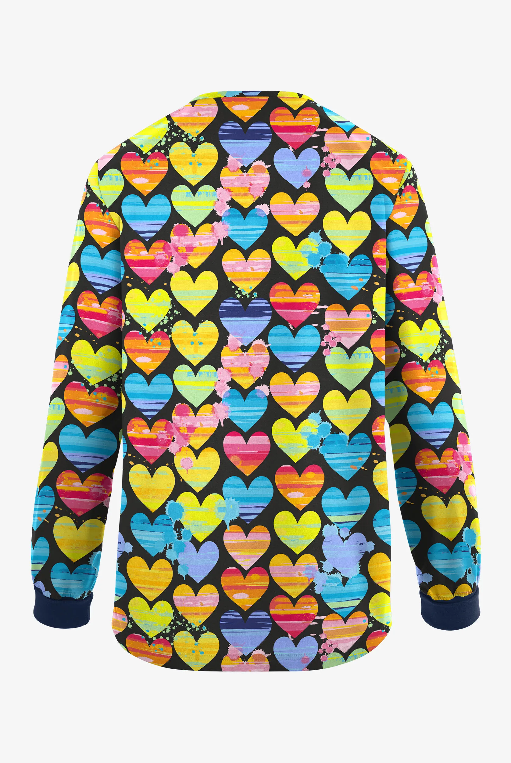 Butter-Soft Originals Painted Hearts Navy Women's 3-Pocket Warm-Up Print Scrub Jacket