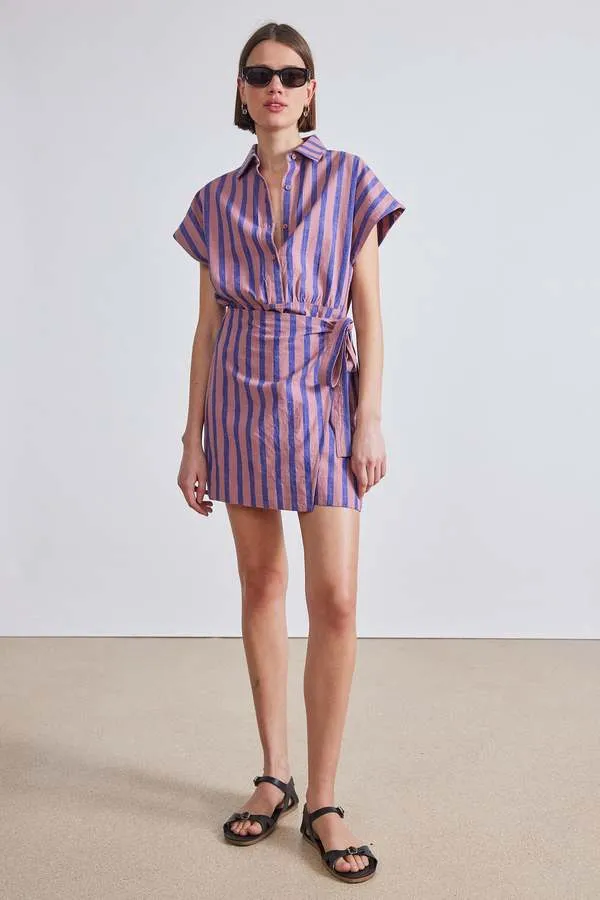 Catania Wrap Mini Dress - Dusty Rose/Blue Stripe