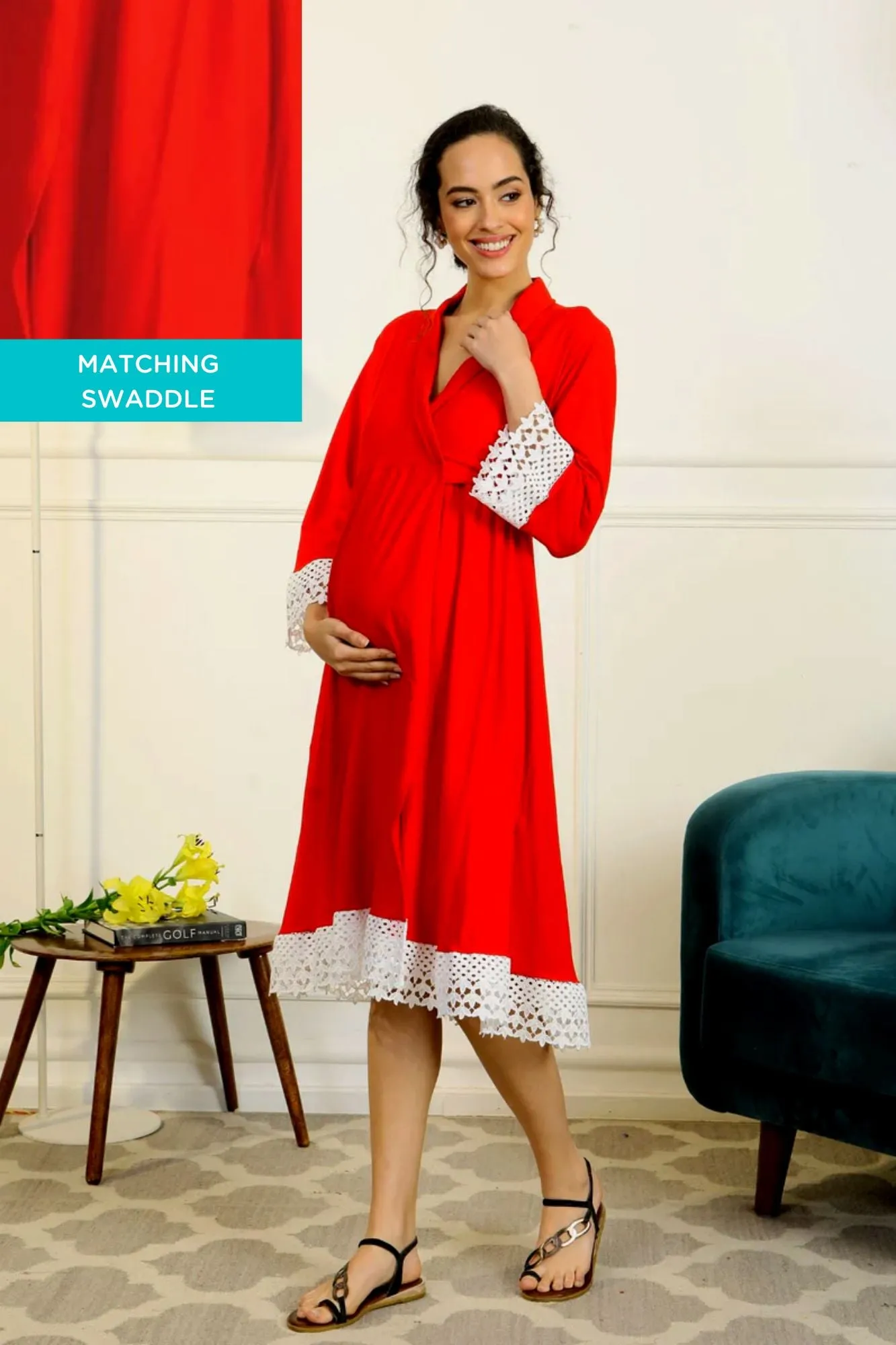 Cherry Red Lycra Maternity & Nursing Wrap Nightwear Dress + Matching Baby Swaddle Set Of 2