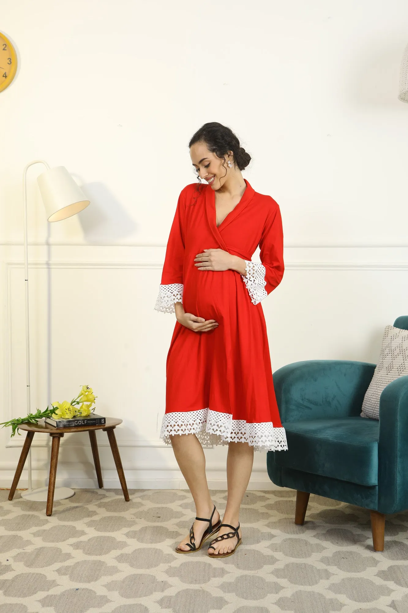 Cherry Red Lycra Maternity & Nursing Wrap Nightwear Dress + Matching Baby Swaddle Set Of 2