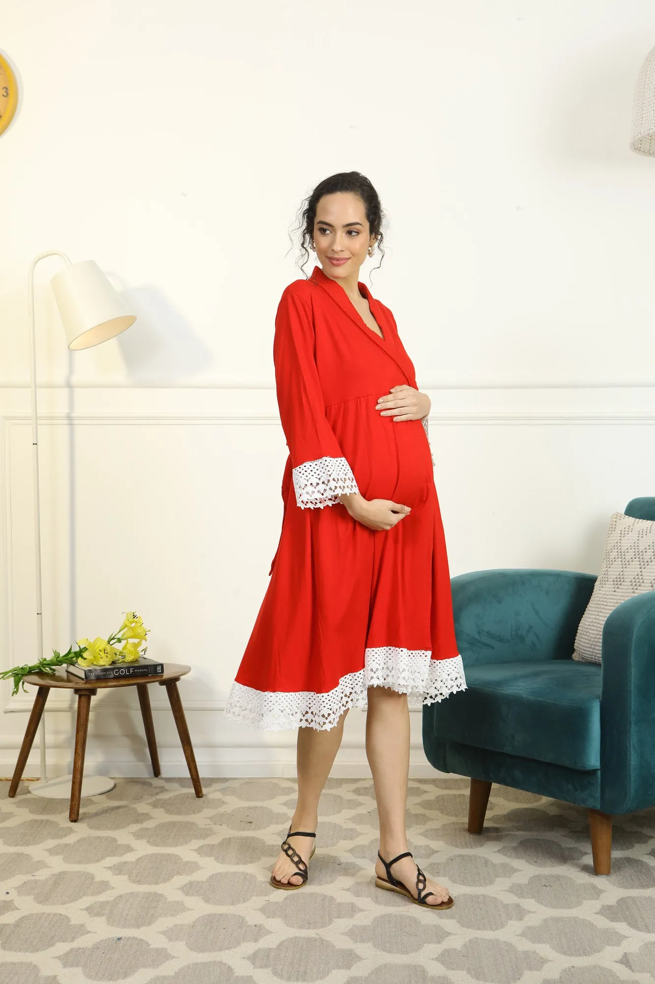 Cherry Red Lycra Maternity & Nursing Wrap Nightwear Dress + Matching Baby Swaddle Set Of 2