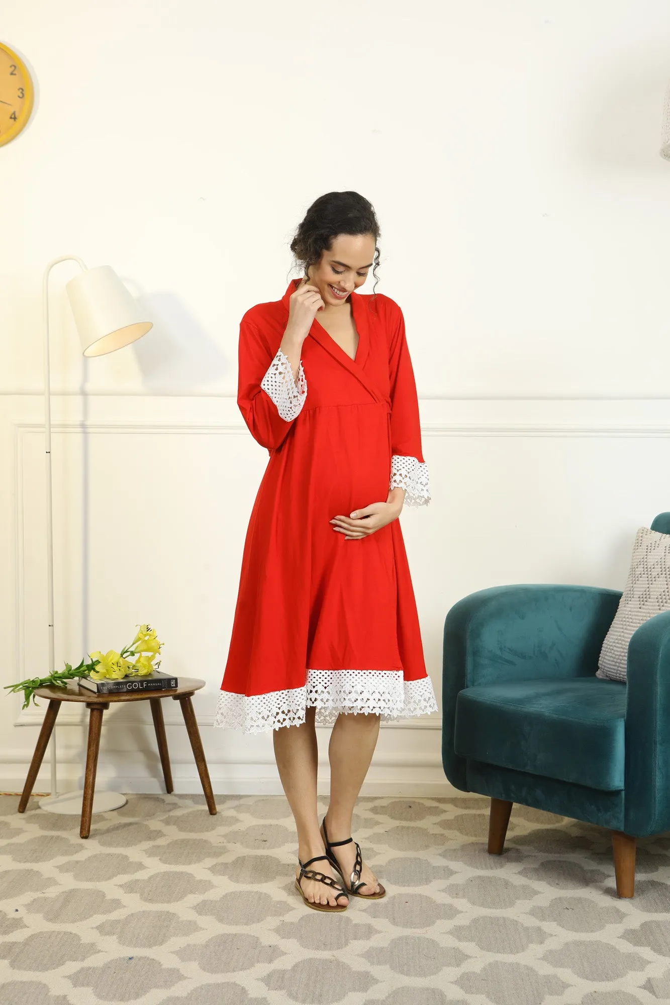 Cherry Red Lycra Maternity & Nursing Wrap Nightwear Dress + Matching Baby Swaddle Set Of 2