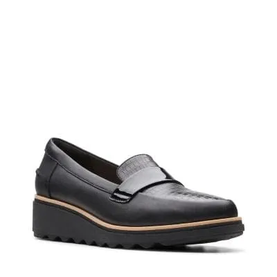 Clarks Womens Sharon Gracie Wedge Penny Loafer- Black Patent Croc