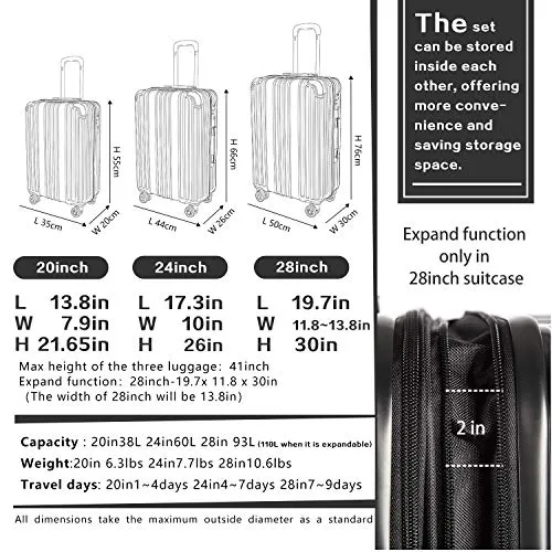 COOLIFE Luggage Expandable Suitcase PC+ABS 3 Piece Set with TSA Lock Spinner Carry on 20in24in28in (Sliver, 3 piece set)