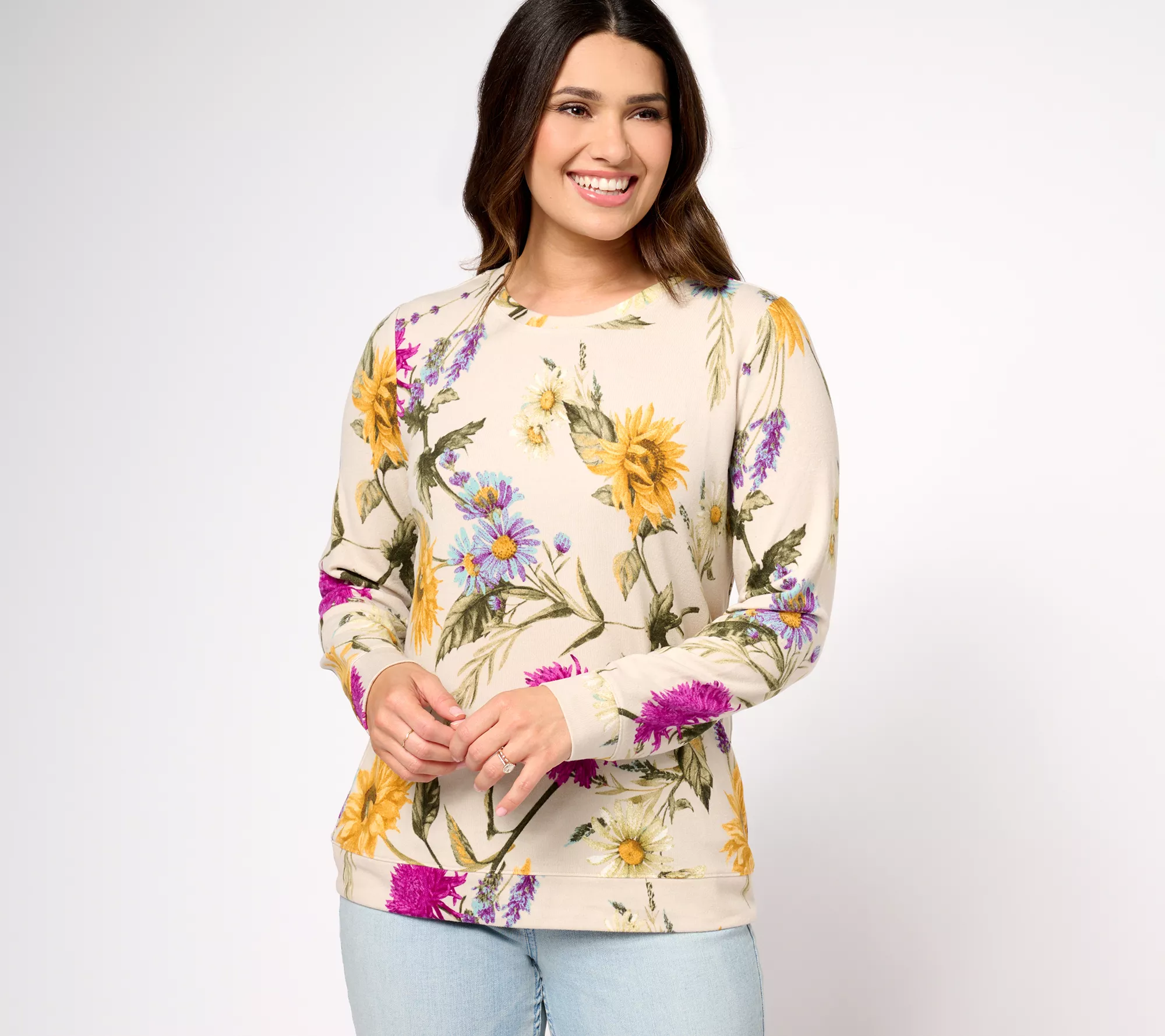 Denim & Co. Printed Heavenly Jersey Round Neck Long Sleeve Pullover