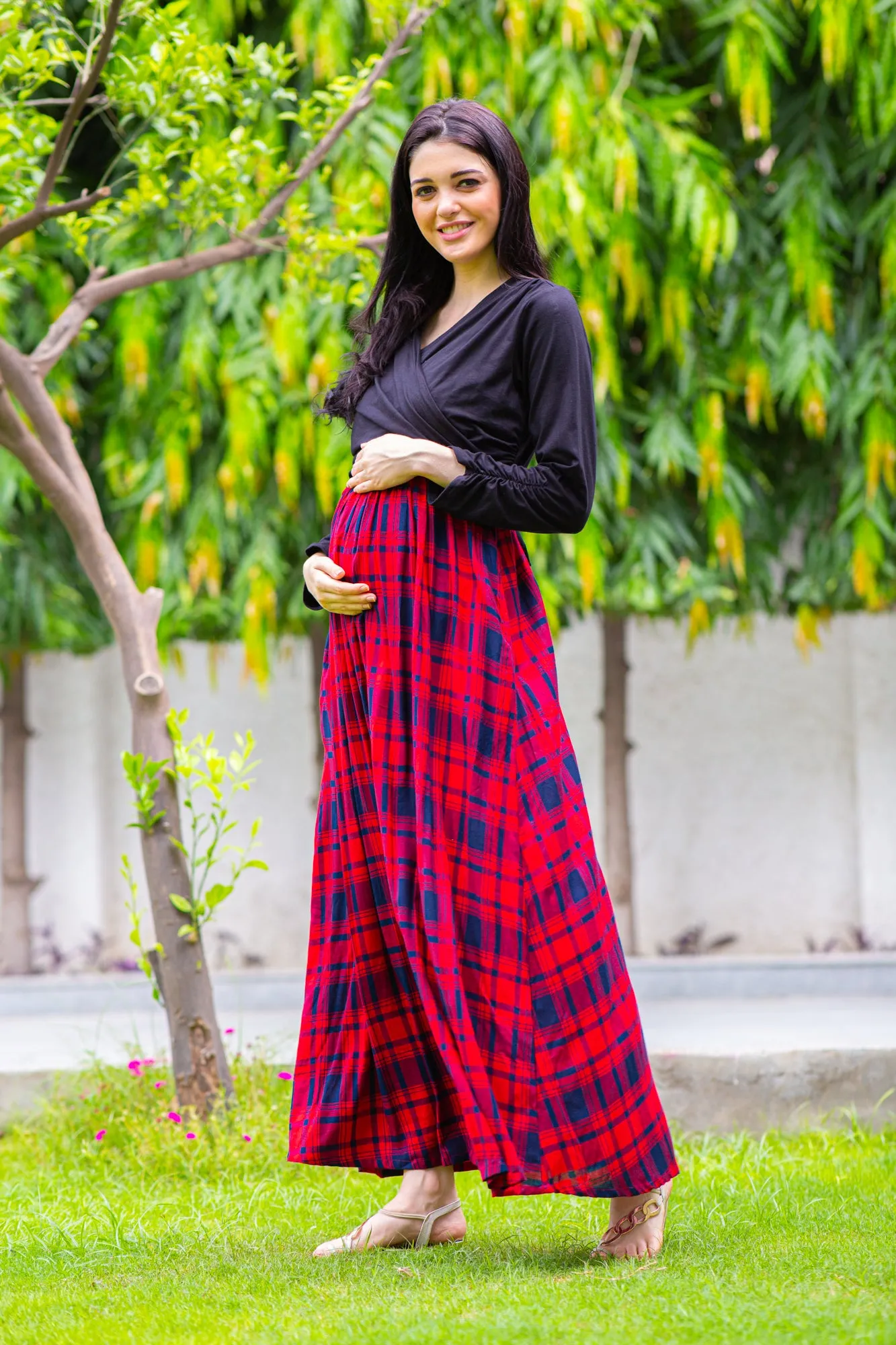 Elegant Red Check Maternity & Nursing Wrap Dress