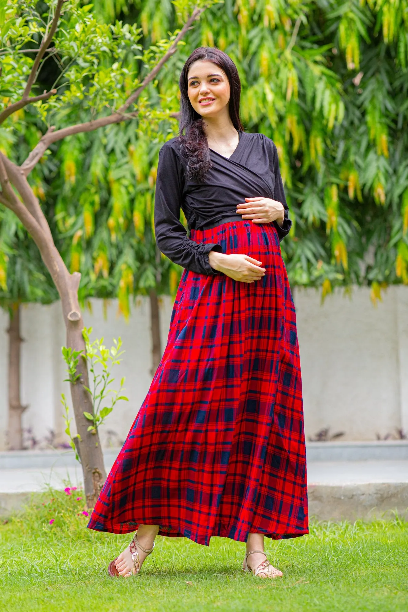 Elegant Red Check Maternity & Nursing Wrap Dress