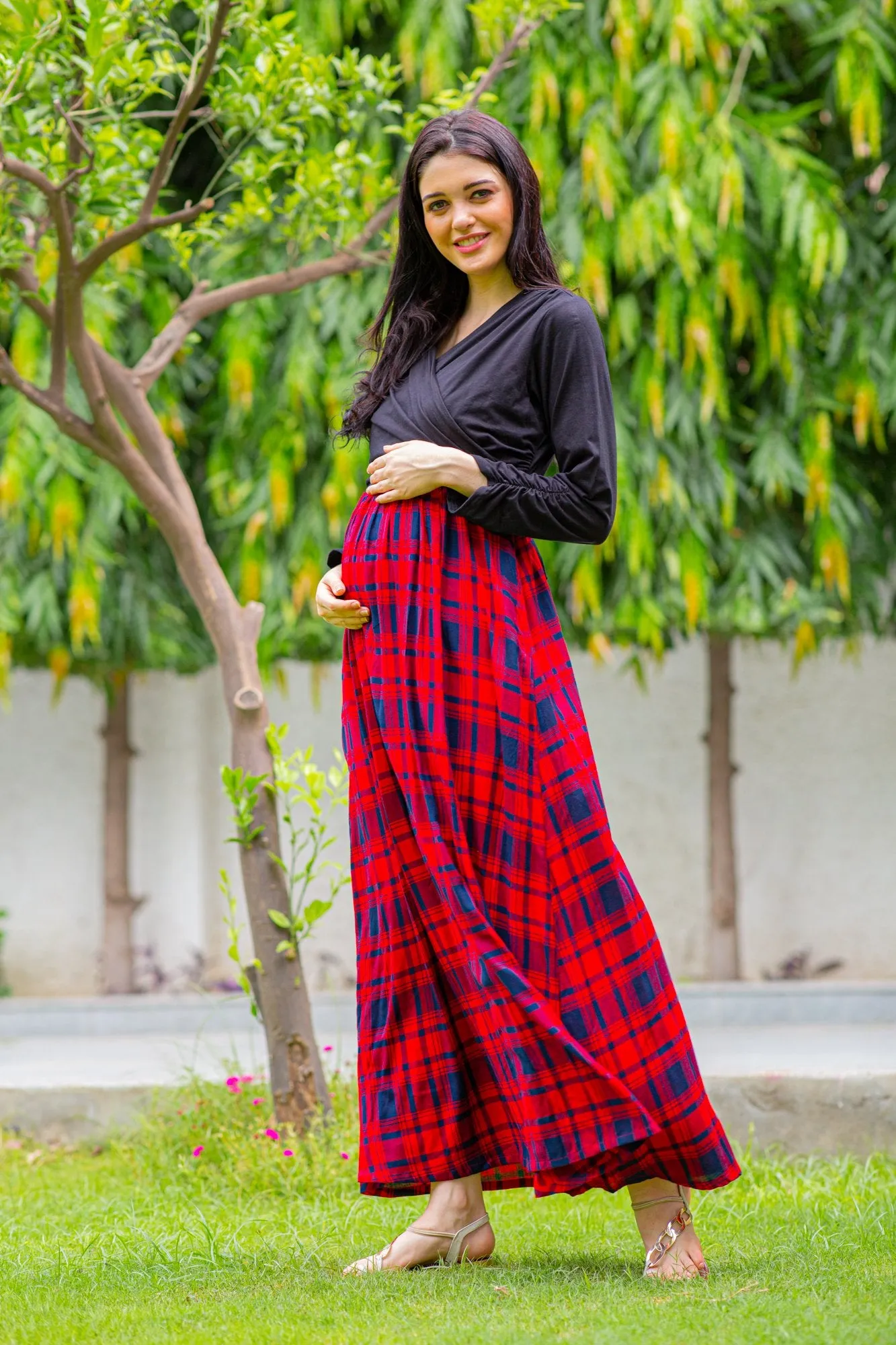 Elegant Red Check Maternity & Nursing Wrap Dress