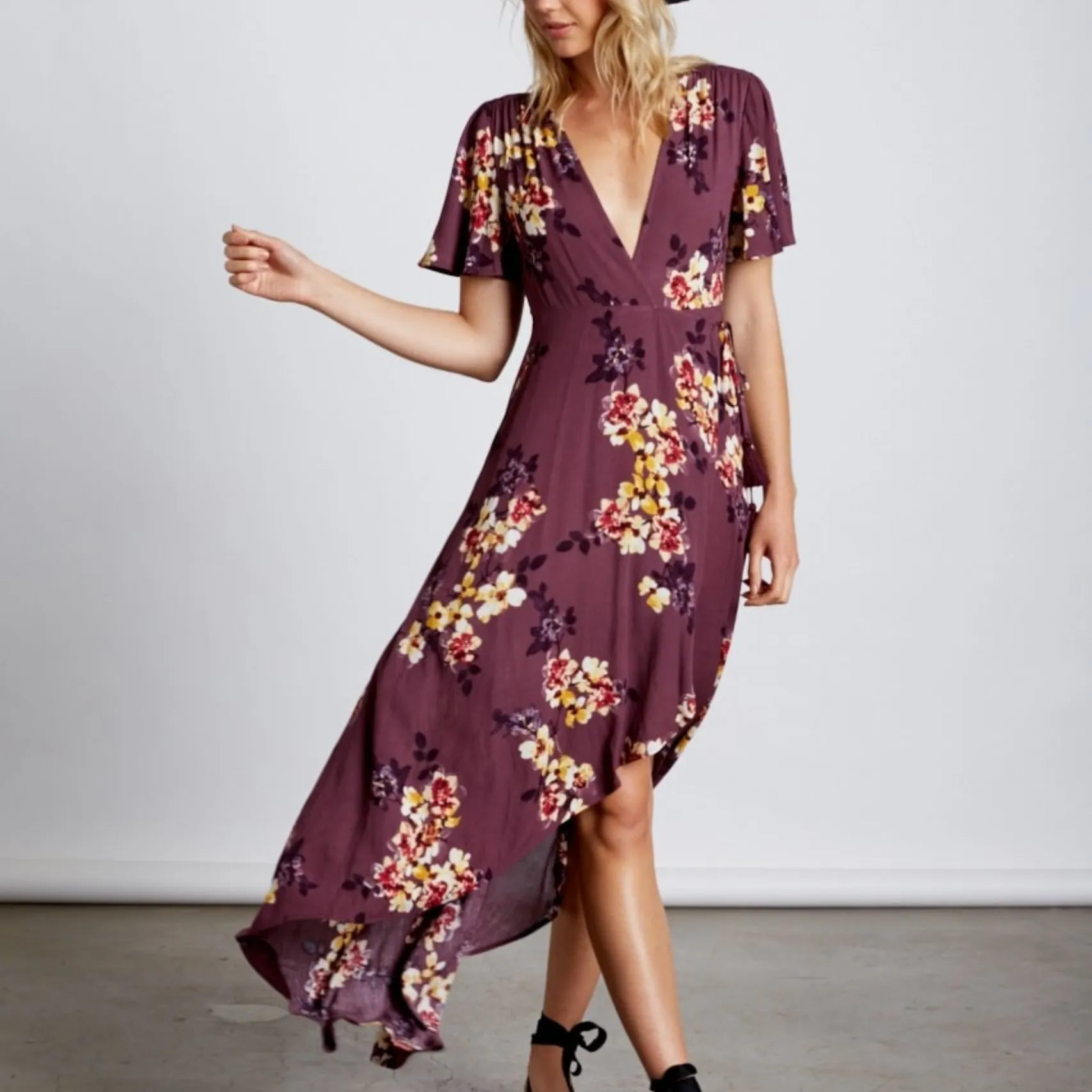 Final Sale - Cotton Candy LA -High-Low Wrap Dress - Floral/Orchid