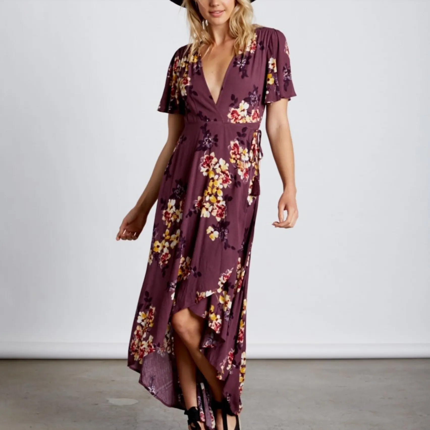 Final Sale - Cotton Candy LA -High-Low Wrap Dress - Floral/Orchid