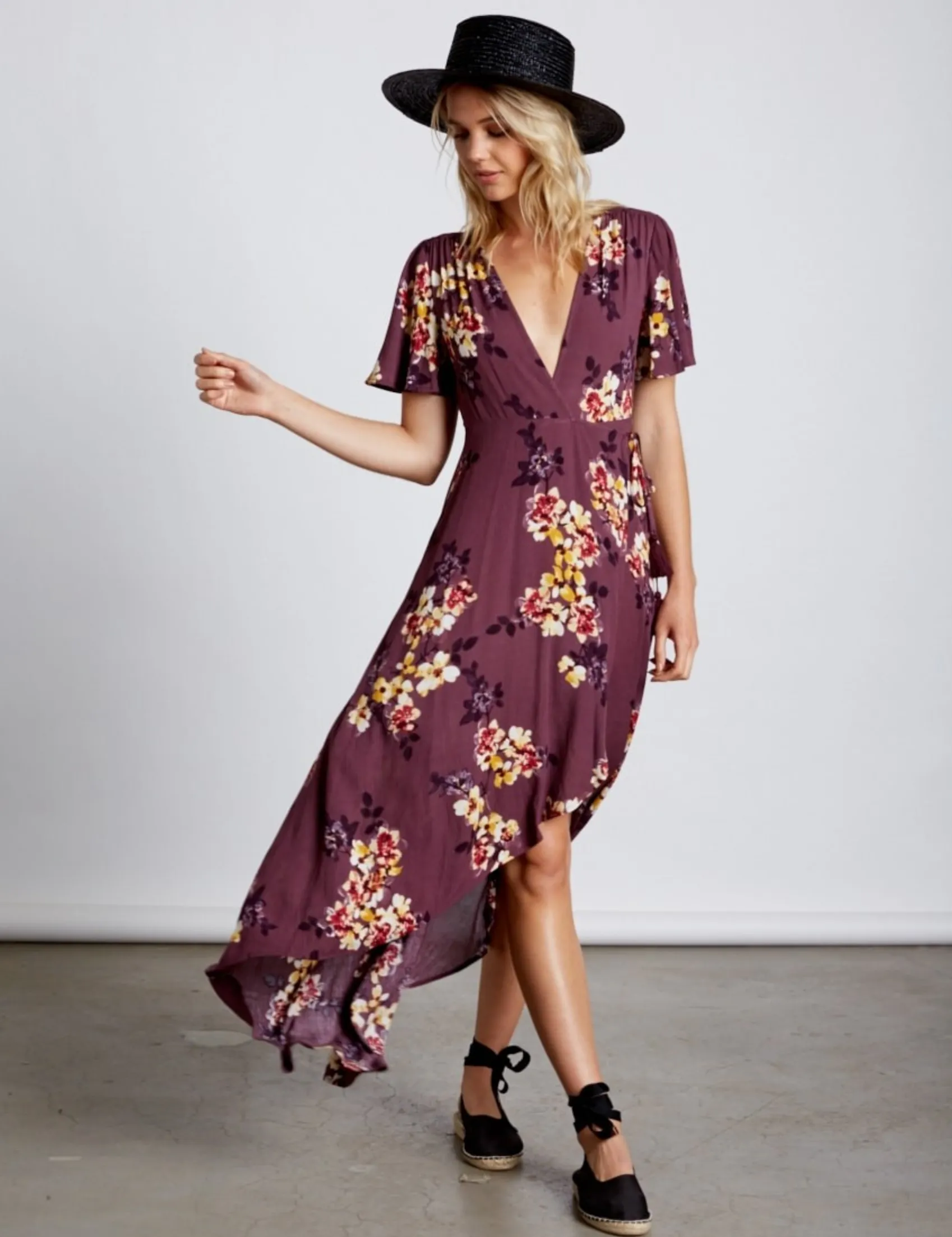 Final Sale - Cotton Candy LA -High-Low Wrap Dress - Floral/Orchid