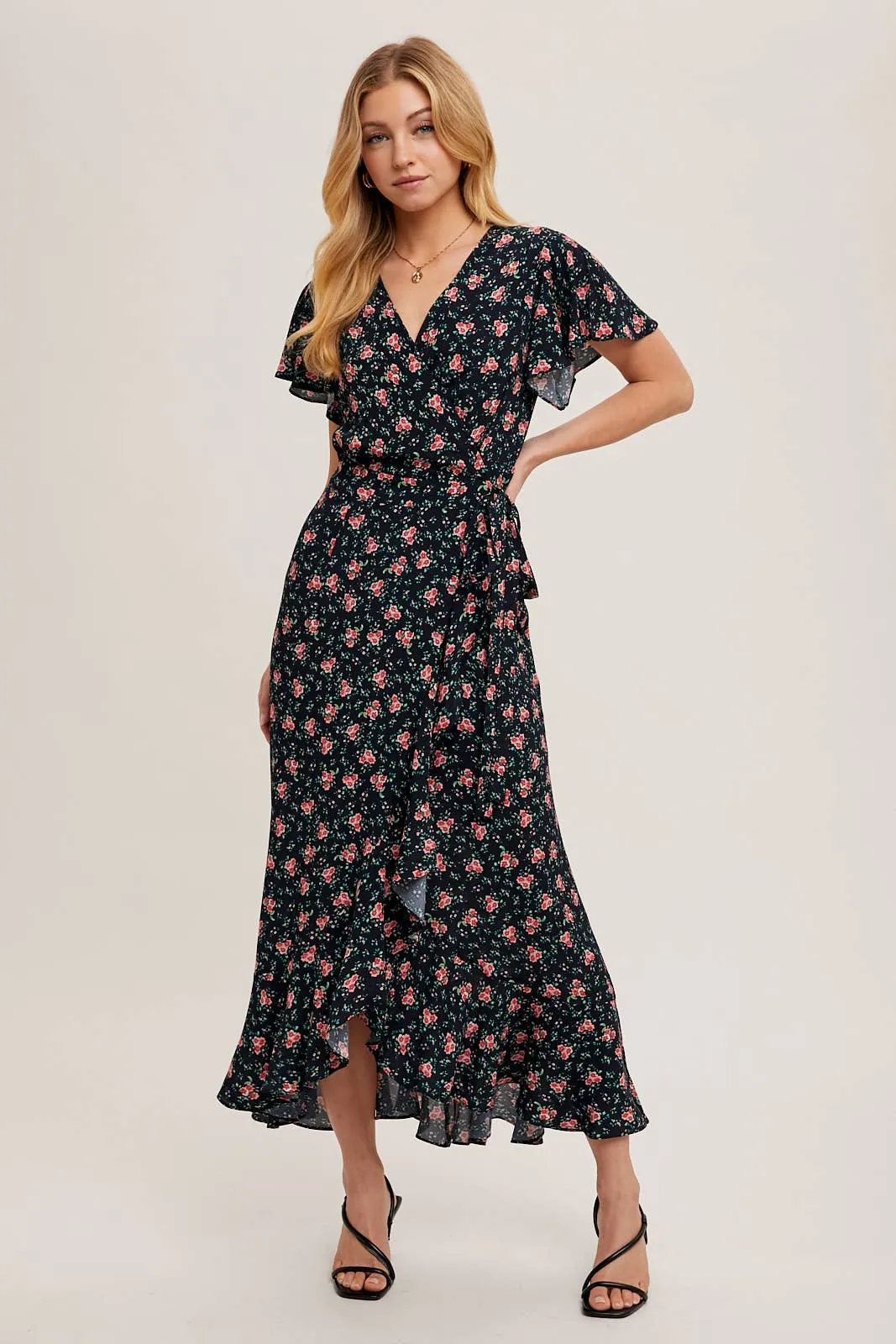 FLORAL PRINT RUFFLED HEM WRAP MAXI DRESS