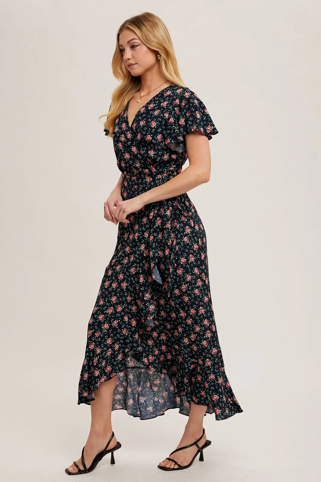 FLORAL PRINT RUFFLED HEM WRAP MAXI DRESS