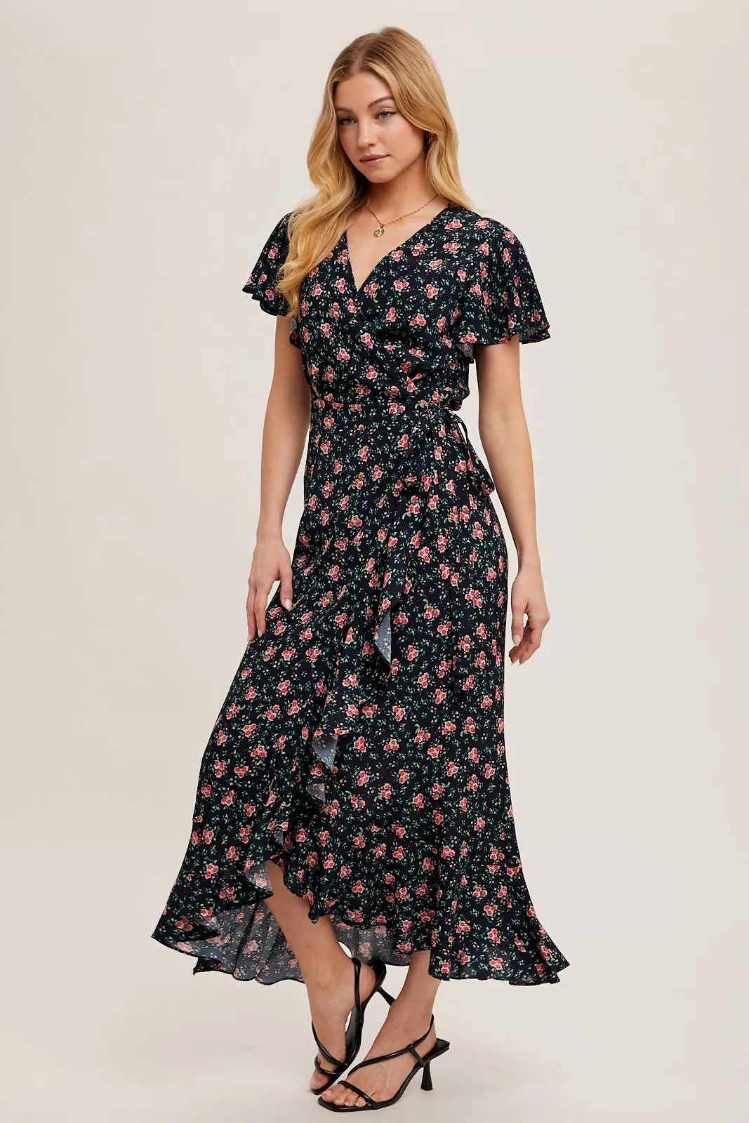 FLORAL PRINT RUFFLED HEM WRAP MAXI DRESS