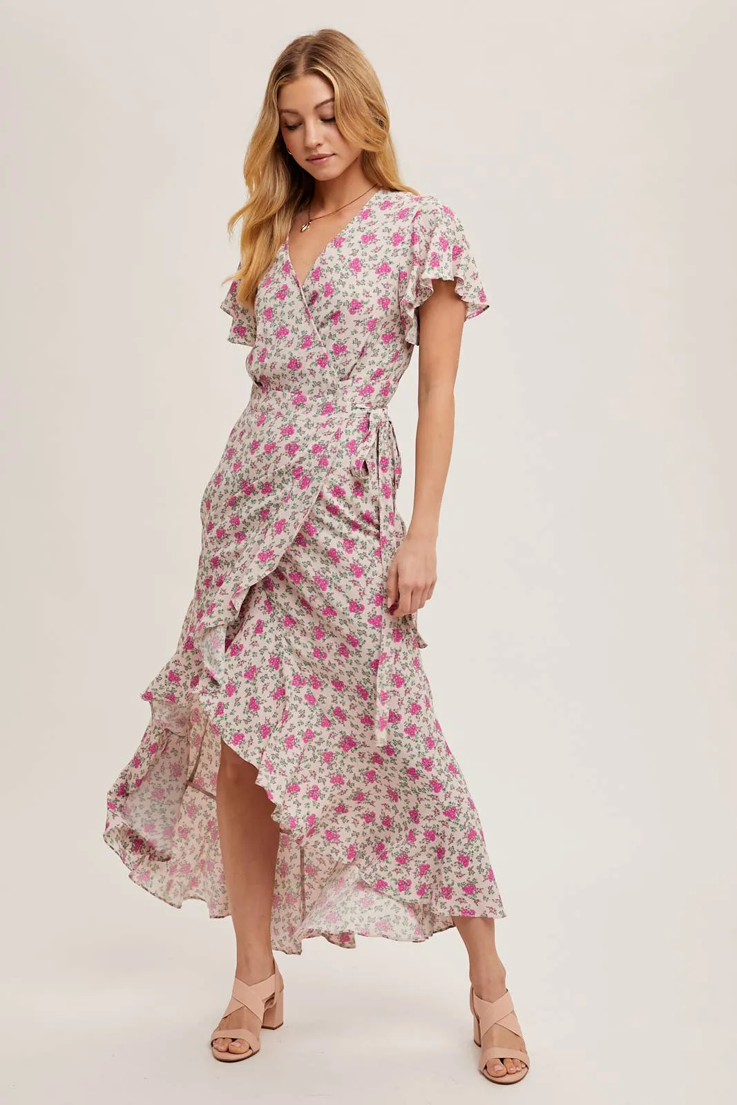 FLORAL PRINT RUFFLED HEM WRAP MAXI DRESS